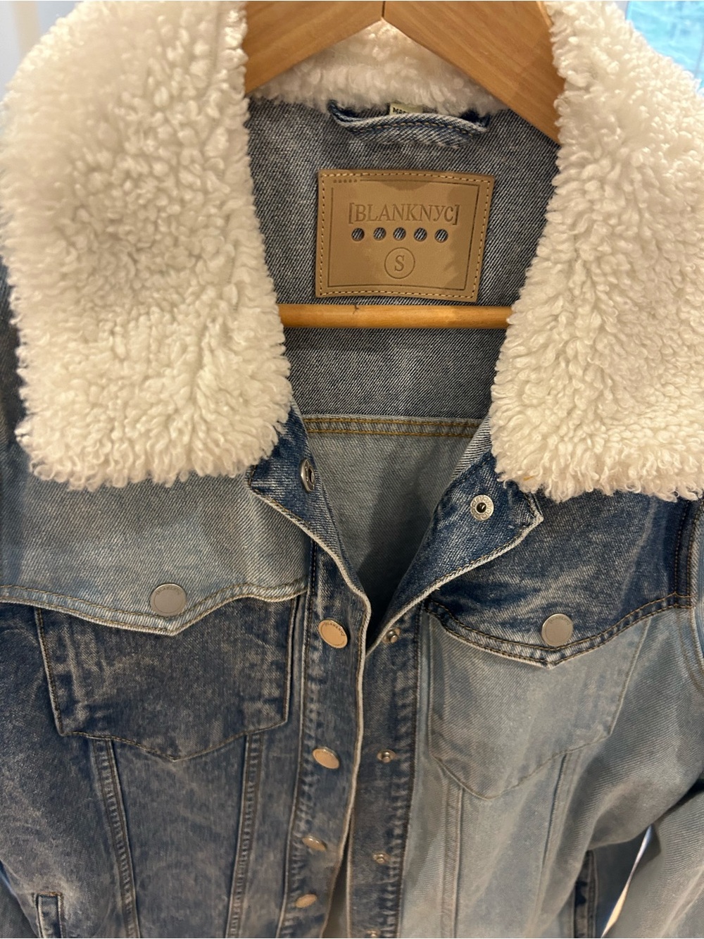 Blank NYC Light Blue Denim Jacket with White Sherpa Collar